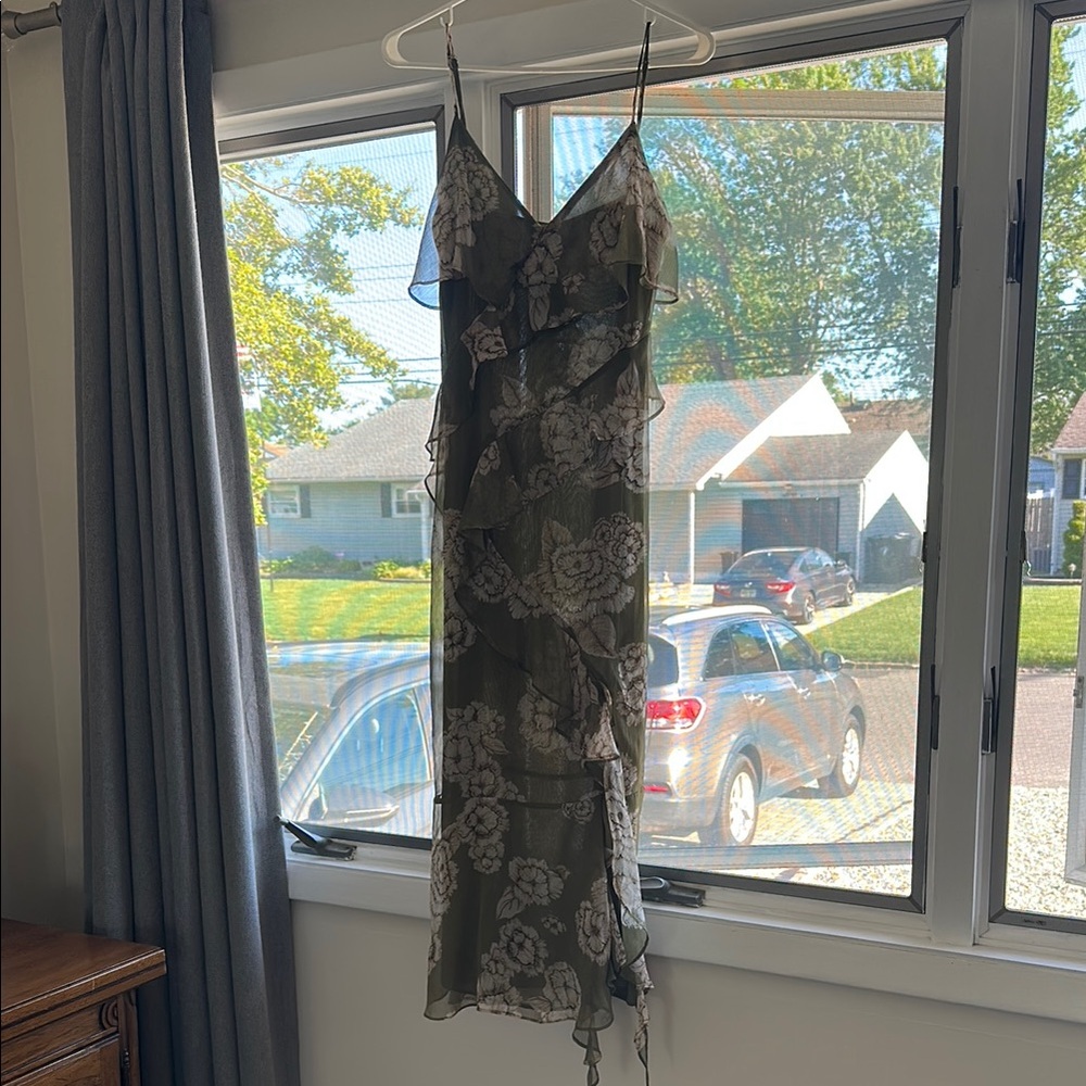 Olive Green Floral Ruffled Slip Dress
